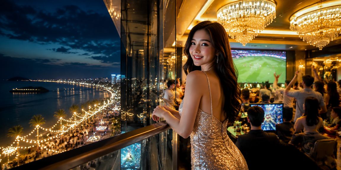 Hình ảnh trải nghiệm casino và thể thao điện tử tại Phú Quốc trên nền biển xanh